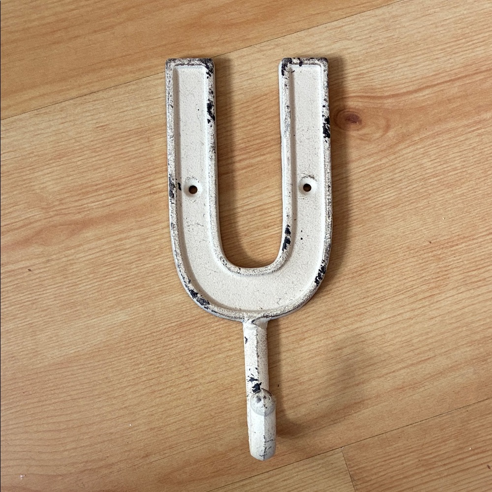 Vintage-inspired Cream Ivory Cast Iron Initial Letter U Wall Hook